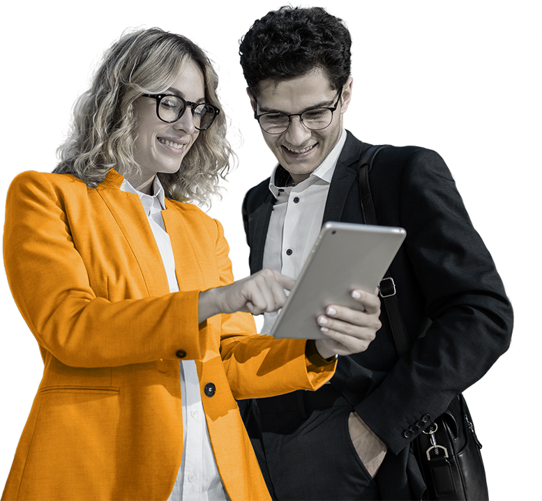 One female and one male CFS employee reviewing oversized LTL shipment on tablet device